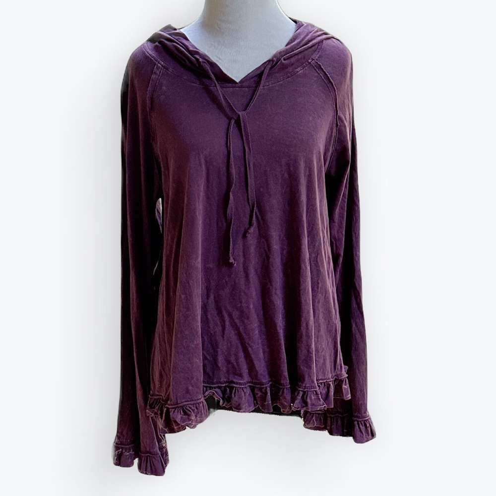 Romantic Distressed Plum Lightweight Cotton Ruffled Bell-Sleeve Hood Tunic Top~M